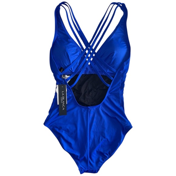 NWT La Blanca Blue Tummy Control Island Goddess Cross-Back One Piece Swimsuit - Picture 3 of 12